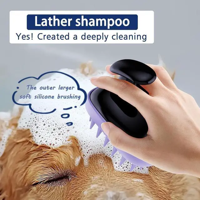 Alt view image 3 of 7 - All-purpose Dog Shampoo Bath Brush,Pet Grooming & Soothing Massage Silicone Brush,Fits Ergonomically in the Hand for Long Short Haired Dogs and Cats(Black Purple)