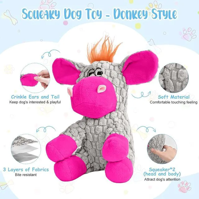 Alt view image 2 of 6 - Stuffed Dog Squeak Toys, Tough Crinkle Stuffed Animal Squeaky Interactive Toys, Dog Chew Toys for Puppy, Small, Middle, Plush Chew Toys Pink Donkey
