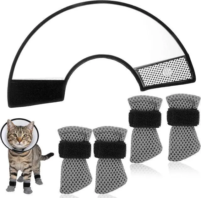 Main image of 5 Pcs Cat Boots Anti Scratch Mittens Gloves with Elizabethan Collar Adjustable Cat Claw Protectors Covers Mesh Breathable Kitten Shoes Booties Anti Scratch Socks for Pet Bathing Cutting Nails