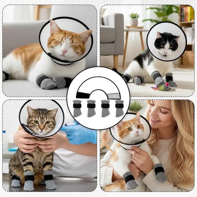 Alt view image 5 of 7 - 5 Pcs Cat Boots Anti Scratch Mittens Gloves with Elizabethan Collar Adjustable Cat Claw Protectors Covers Mesh Breathable Kitten Shoes Booties Anti Scratch Socks for Pet Bathing Cutting Nails