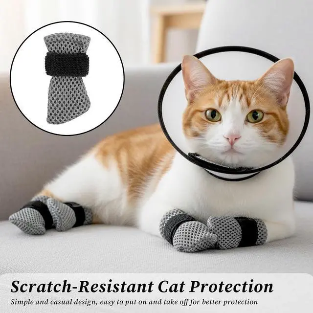 Alt view image 6 of 7 - 5 Pcs Cat Boots Anti Scratch Mittens Gloves with Elizabethan Collar Adjustable Cat Claw Protectors Covers Mesh Breathable Kitten Shoes Booties Anti Scratch Socks for Pet Bathing Cutting Nails