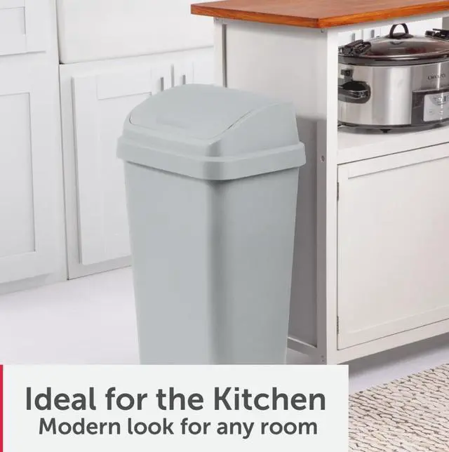 Alt view image 5 of 7 - Sterilite Kitchen Trash Can, 13 Gallon Plastic Garbage Bin with Swing Top Lid, Light Gray