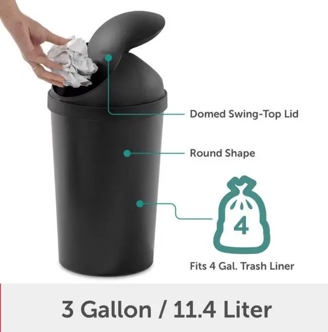 Alt view image 5 of 6 - Sterilite Small Bathroom Trash Can, 3 Gallon Plastic Garbage Bucket Bin with Swing Top Lid, Black