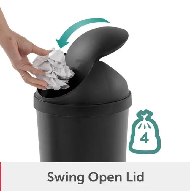 Alt view image 6 of 6 - Sterilite Small Bathroom Trash Can, 3 Gallon Plastic Garbage Bucket Bin with Swing Top Lid, Black