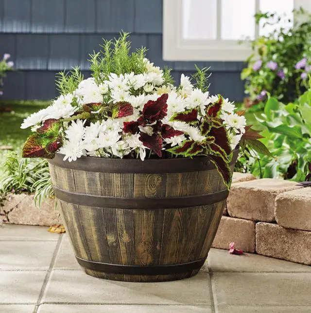 Main image of Better Homes & Gardens Whiskey Barrel Brown Resin Planter, 15.8 in x 15.8 in x 10.3 in