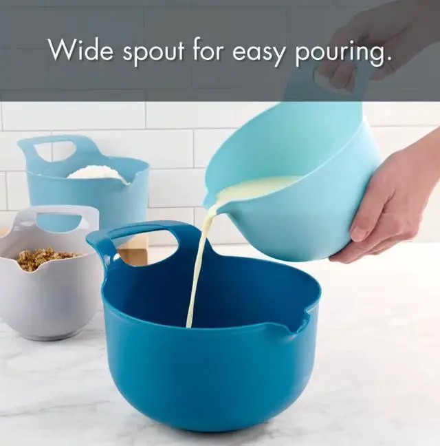 Alt view image 2 of 5 - Mainstays 4 Piece Nesting Plastic Mixing Bowl Set with Pour Spouts and Handles, Blue