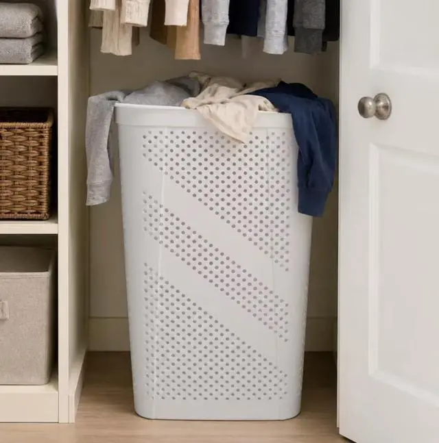 Alt view image 4 of 6 - Mainstays Plastic Rectangular Hinged-Lid Laundry Hamper, White, Adult