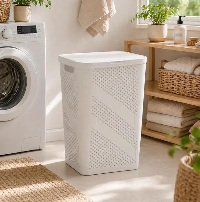 Main image of Mainstays Plastic Rectangular Hinged-Lid Laundry Hamper, White, Adult