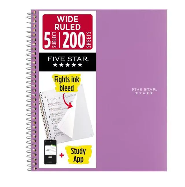 Alt view image 2 of 5 - Five Star Spiral Notebook + Study App, 5 Subject, Wide Ruled, 8" x 10.5", Amethyst