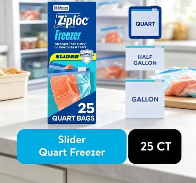 Main image of Ziploc® Brand Quart Freezer Slider Food Storage Bags, Power Shield Technology for More Durability, 25 Count