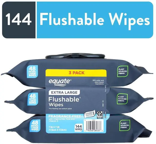Main image of Equate Extra Large Flushable Wet Wipes, Fragrance Free, 144 Wipes, 3 Pack