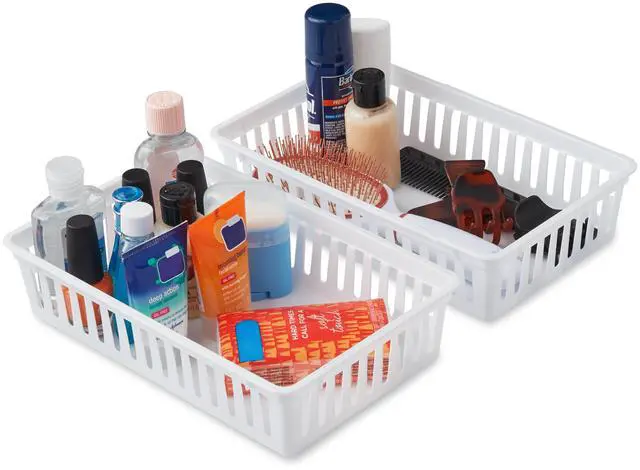 Main image of (6 pack) Mainstays 2-Pack Plastic Drawer Organizer Storage Bin Set, Mini Drawer Storage Containers for Kitchen Drawer, Desk Drawer and Bathroom Drawer Organization, Arctic White, 10.3" x 6.5" x 2.4"