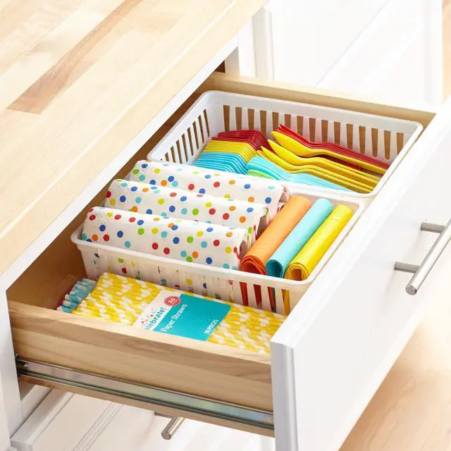 Alt view image 4 of 7 - (6 pack) Mainstays 2-Pack Plastic Drawer Organizer Storage Bin Set, Mini Drawer Storage Containers for Kitchen Drawer, Desk Drawer and Bathroom Drawer Organization, Arctic White, 10.3" x 6.5" x 2.4"