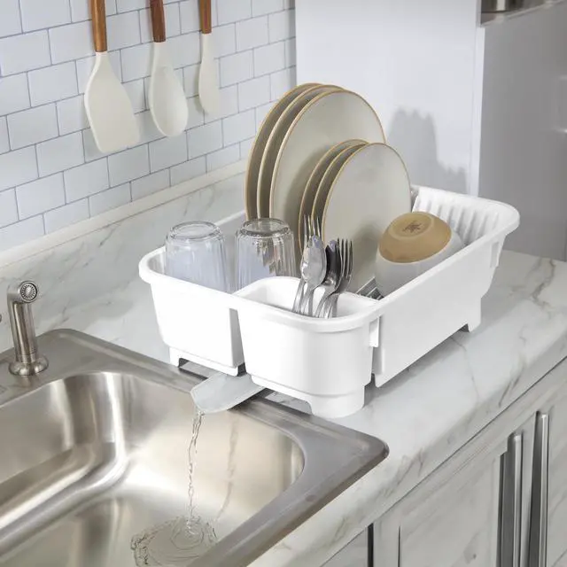 Alt view image 7 of 7 - Mainstays Kitchen Sink Organizer Set with Self-Draining Caddy, Soap Dispenser, Sponge Holder and Retractable Spout for Sink Storage, White