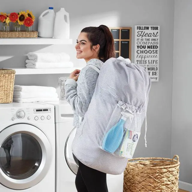 Alt view image 4 of 6 - Mainstays Arctic White & Soft Silver Backpack Laundry Bag with Mesh Pocket