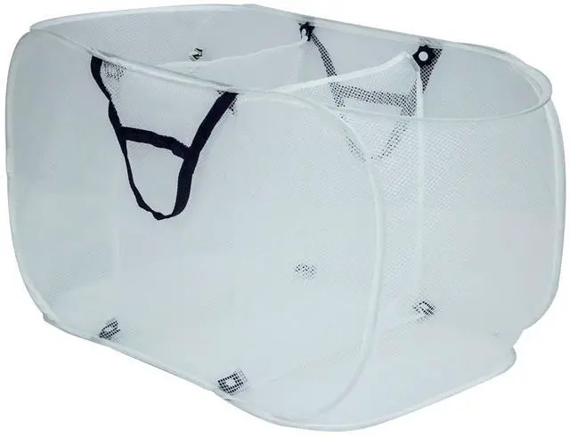 Main image of Mainstays Pop-Up Mesh Triple Sort Laundry Basket with Three Compartments, White, 16" x 16" x 28"