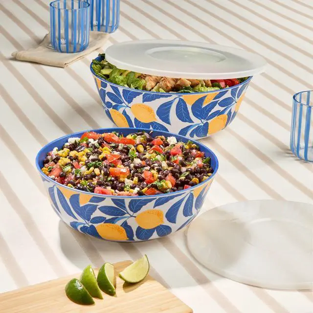 Alt view image 6 of 7 - Mainstays by Becky G. & Alejandra Bamboo Melamine 4-Piece Serve Bowl Set, Lemon & Blue