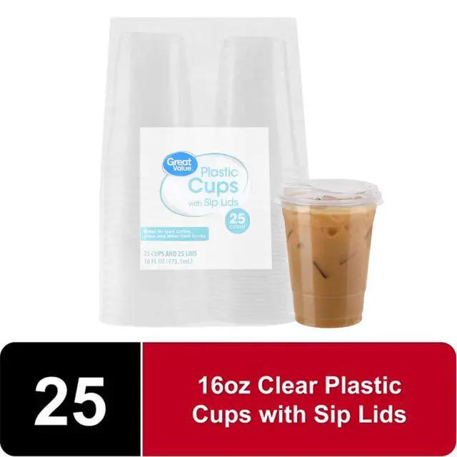 Alt view image 4 of 7 - Great Value Disposable Plastic Cups and Lids, Clear, 16 oz, 25 Count, (Cup and Lid Combo)