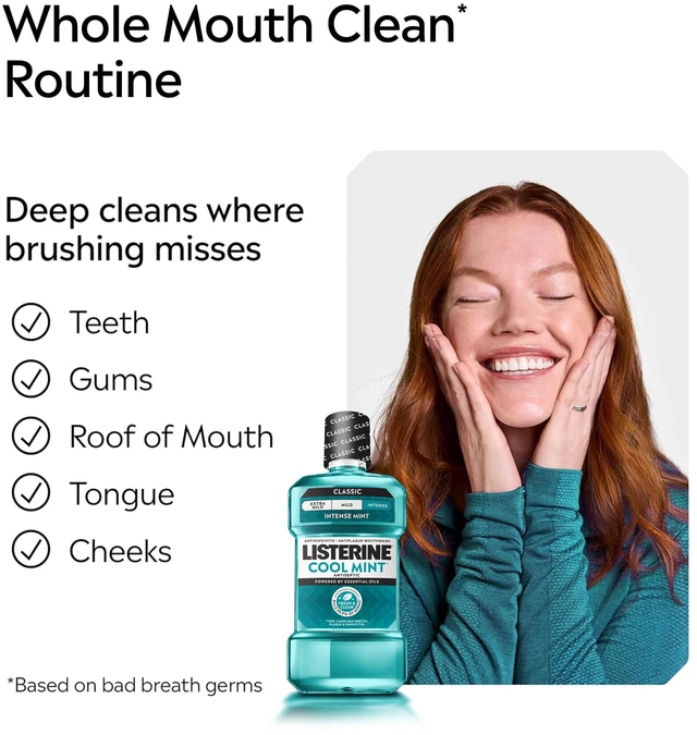 Alt view image 5 of 6 - Listerine Cool Mint Antiseptic Mouthwash for Bad Breath and Plaque, Intense Mint, 33.8 fl oz/1 L