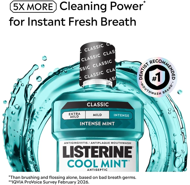 Alt view image 4 of 6 - Listerine Cool Mint Antiseptic Mouthwash for Bad Breath and Plaque, Intense Mint, 33.8 fl oz/1 L