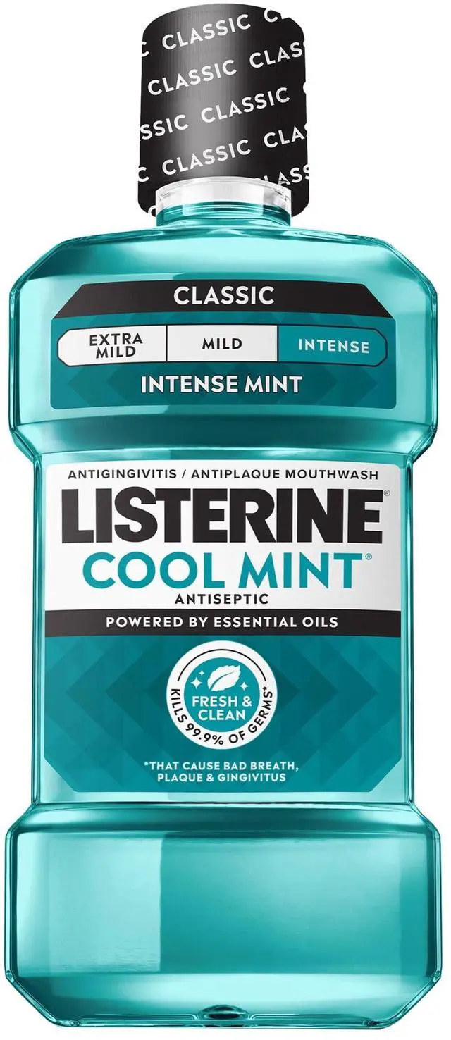 Main image of Listerine Cool Mint Antiseptic Mouthwash for Bad Breath and Plaque, Intense Mint, 16.9 fl oz/500 mL