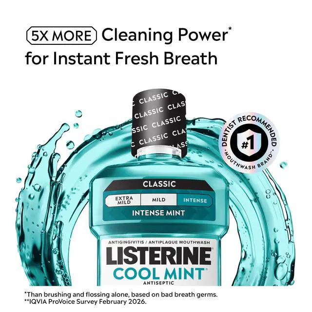 Alt view image 4 of 6 - Listerine Cool Mint Antiseptic Mouthwash for Bad Breath and Plaque, Intense Mint, 16.9 fl oz/500 mL