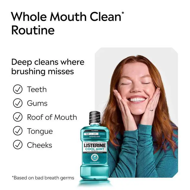 Alt view image 5 of 6 - Listerine Cool Mint Antiseptic Mouthwash for Bad Breath and Plaque, Intense Mint, 16.9 fl oz/500 mL