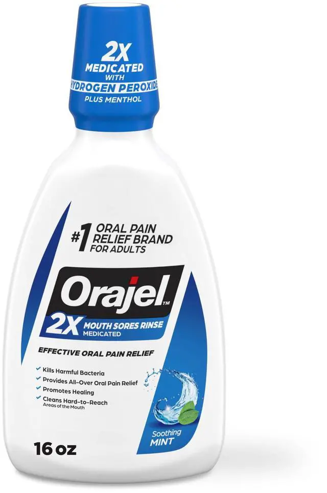 Main image of Orajel Antiseptic Mouth Sore Rinse for Canker Sores & Gum Irritation, Kills Bacteria, Mint, 16 oz