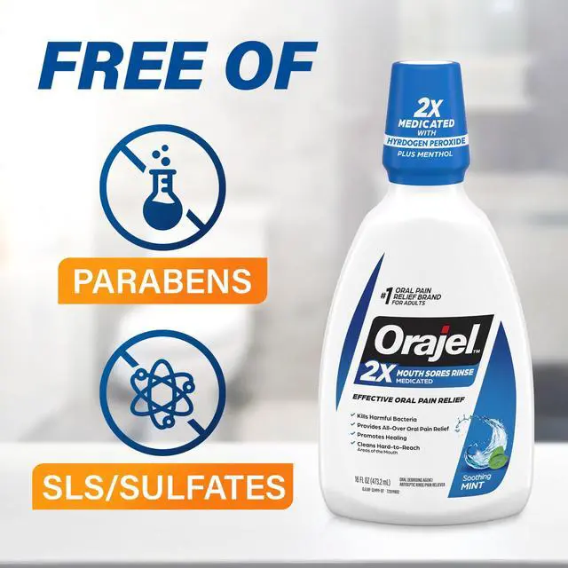 Alt view image 3 of 5 - Orajel Antiseptic Mouth Sore Rinse for Canker Sores & Gum Irritation, Kills Bacteria, Mint, 16 oz