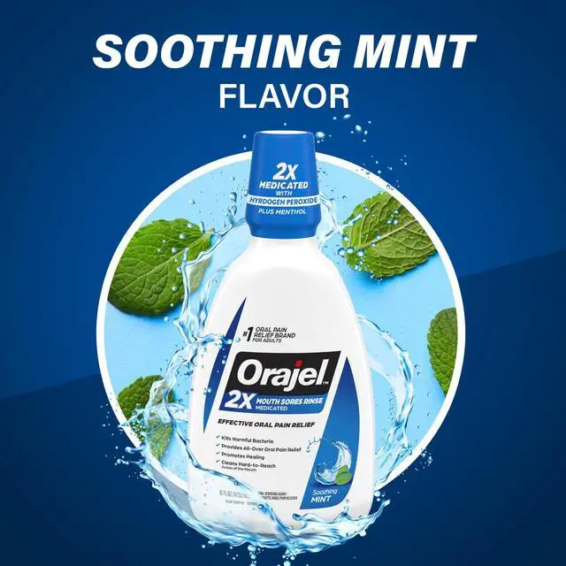 Alt view image 5 of 5 - Orajel Antiseptic Mouth Sore Rinse for Canker Sores & Gum Irritation, Kills Bacteria, Mint, 16 oz