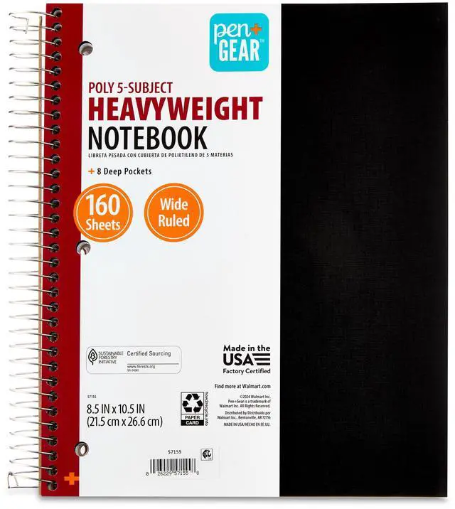 Main image of Pen+Gear Wide Ruled 5-Subject Poly Notebook, Black, 8.5 in x 10.5 in, 160 Sheets