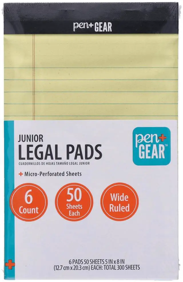 Main image of Pen+Gear Wide Ruled Junior Legal Pads, 5" x 8", Canary Paper, 50 Sheets Each, 100 Pages, 6 Pack