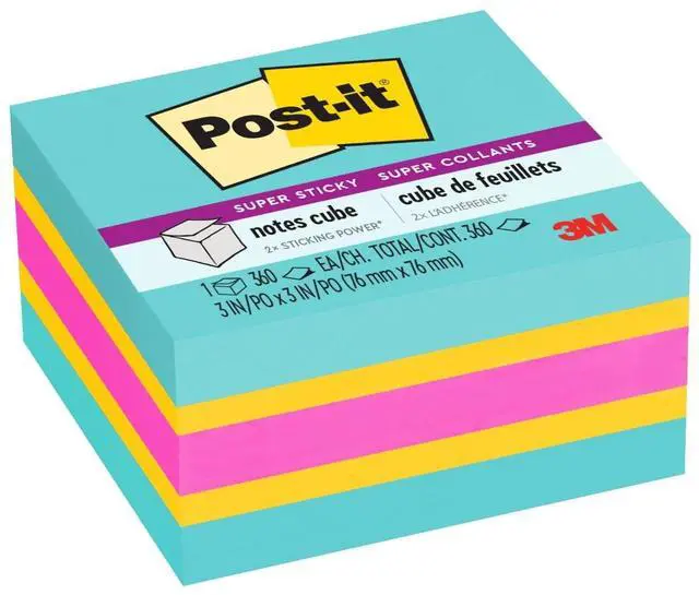 Main image of Post-it Super Sticky Notes Cube, 3 in x 3 in, Bright Colors, 1 Cube