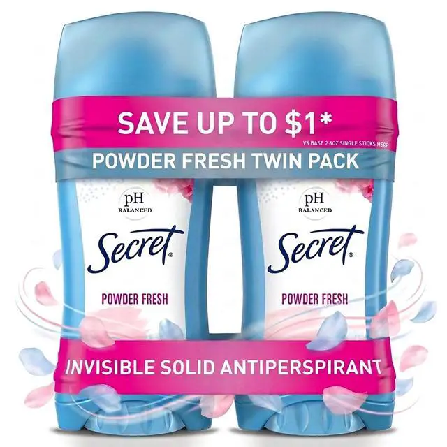 Main image of Secret Invisible Solid Antiperspirant Deodorant, Powder Fresh, 2.6 oz, Twin Pack