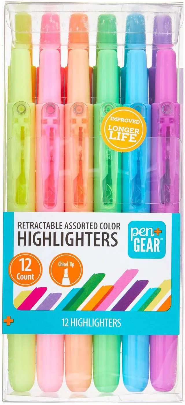 Main image of Pen+Gear Retractable Highlighters, Chisel Tip, Assorted Colors, Multi Colored Ink,12 Count