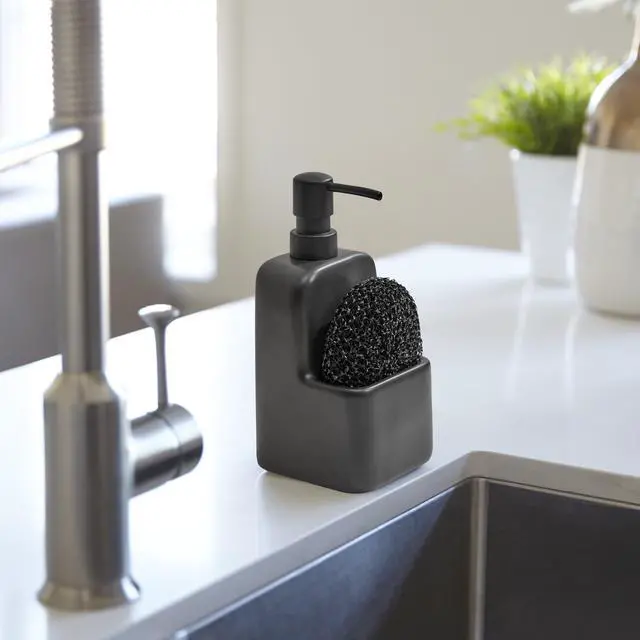 Alt view image 5 of 5 - Mainstays Ceramic Soap Dispenser with Sponge Caddy, Black