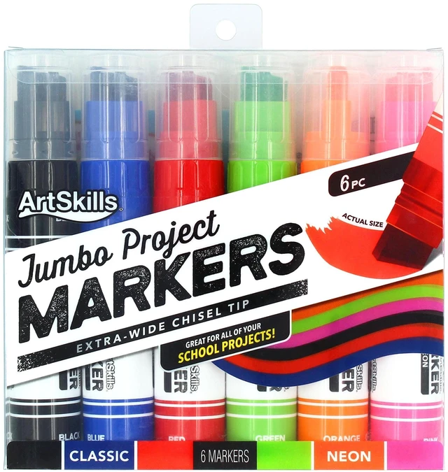 Main image of ArtSkills Jumbo Chisel-Tip Markers, 6-Pack, Assorted Neon & Classic Colors for Posters & Signs