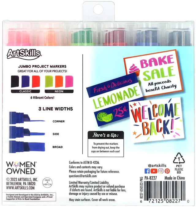 Alt view image 6 of 6 - ArtSkills Jumbo Chisel-Tip Markers, 6-Pack, Assorted Neon & Classic Colors for Posters & Signs