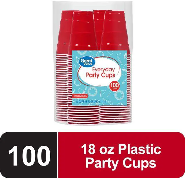 Main image of Great Value Everyday Disposable Plastic Party Cups, Red, 18 oz, 100 Count
