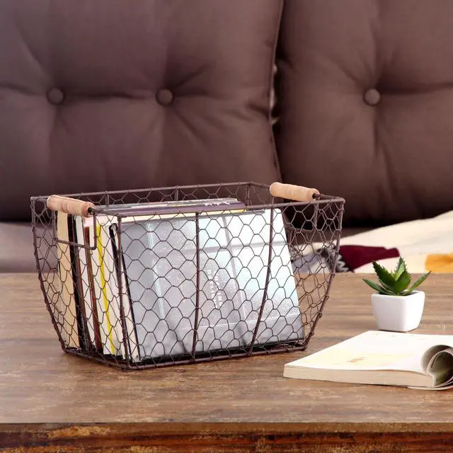 Alt view image 4 of 6 - Mainstays Decorative Chicken Wire Basket with Wood Handles, Brown, 12.2 in x 8 in x 7.28 in