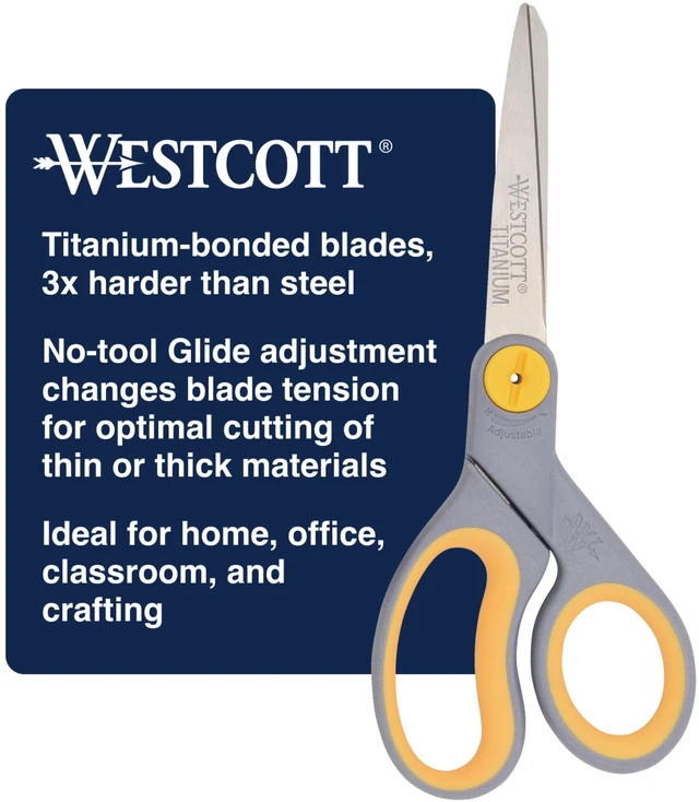 Main image of Westcott 8-Inch Titanium Bonded Adjustable Glide Scissors, Grey & Yellow for Office Use