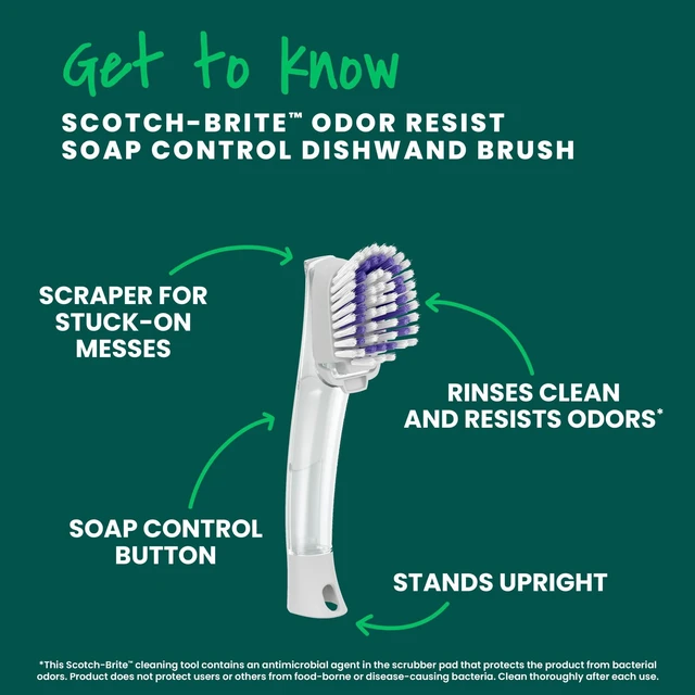 Alt view image 4 of 5 - Scotch-Brite Soap Control Odor Resist Dishwand Brush, Non-Scratch, Rinses Clean, 1 Brush