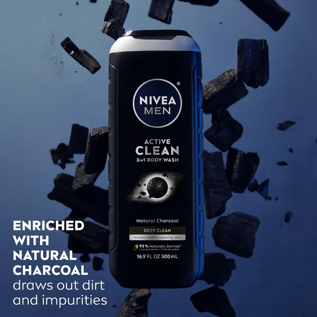 Alt view image 4 of 4 - NIVEA MEN Active Clean 3-in-1 Men's Body Wash with Charcoal, Vanilla Bourbon Scent, 16.9 fl oz