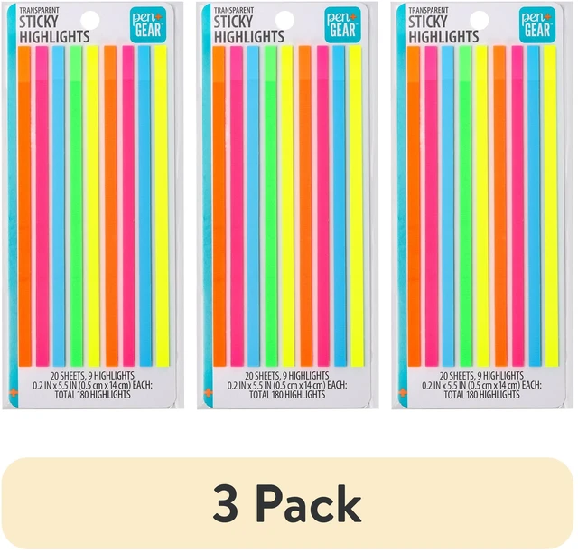 Main image of (3 pack) Pen+Gear Sticky Highlights, Transparent, Assorted Colors 0.2 x 5.5 inch, 9 Pads