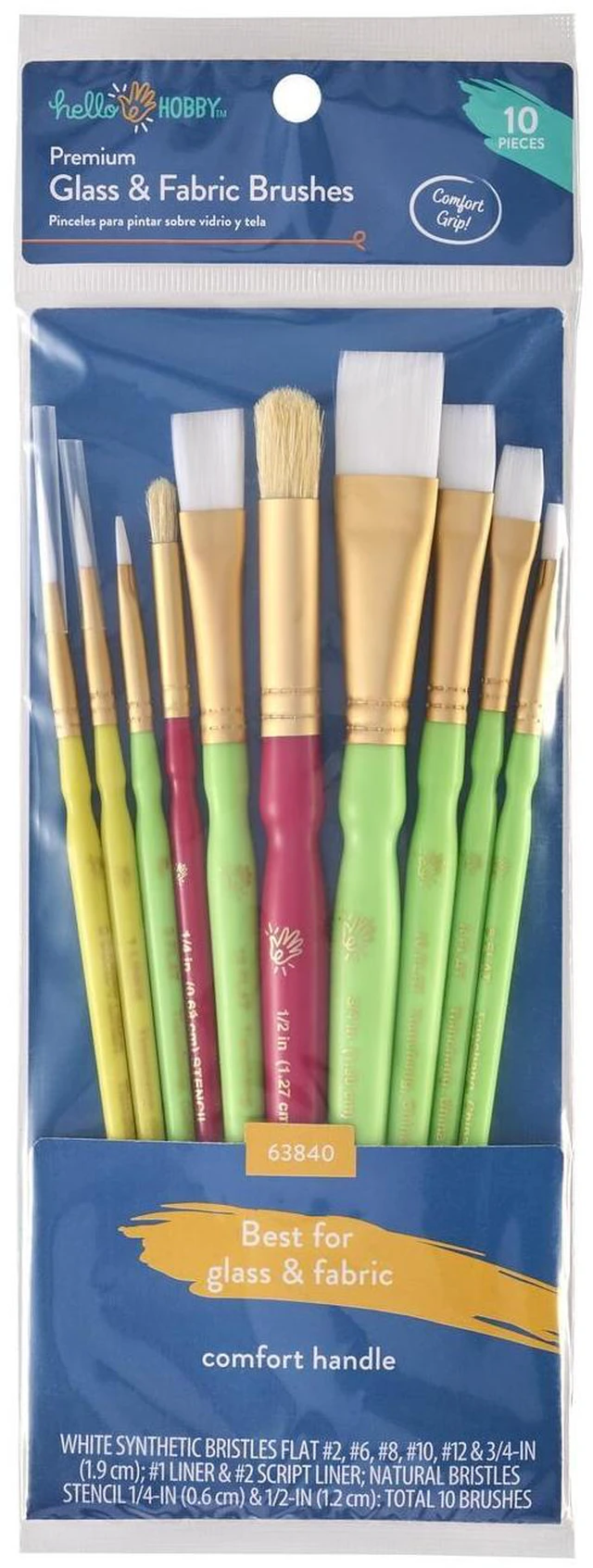 Main image of Hello Hobby 10 Piece Comfort Grip Glass & Fabric Paint Brush Set