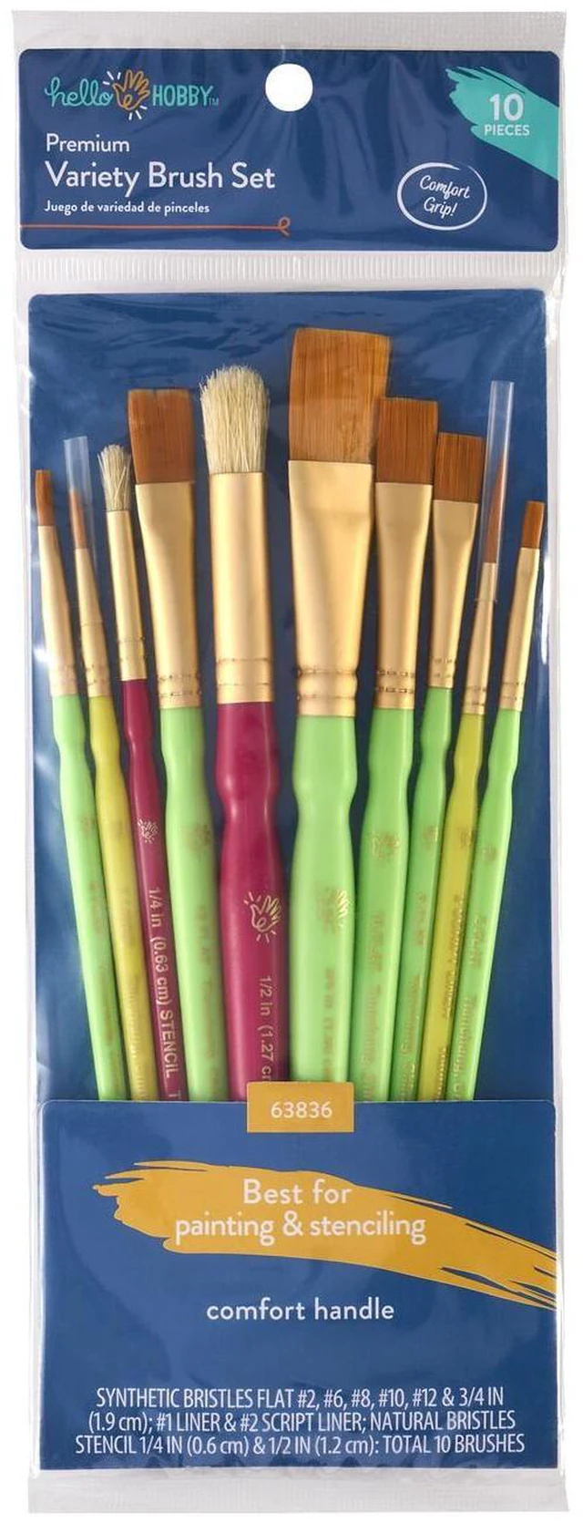 Main image of Hello Hobby 10-Piece Synthetic Paint Brush Set for Painting and Stenciling