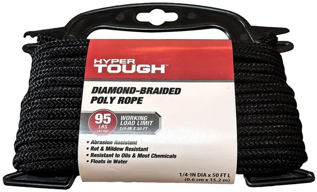 Main image of Hyper Tough Polypropylene Diamond-Braid Rope, Black, 1/4 in x 50 ft, 1 Each