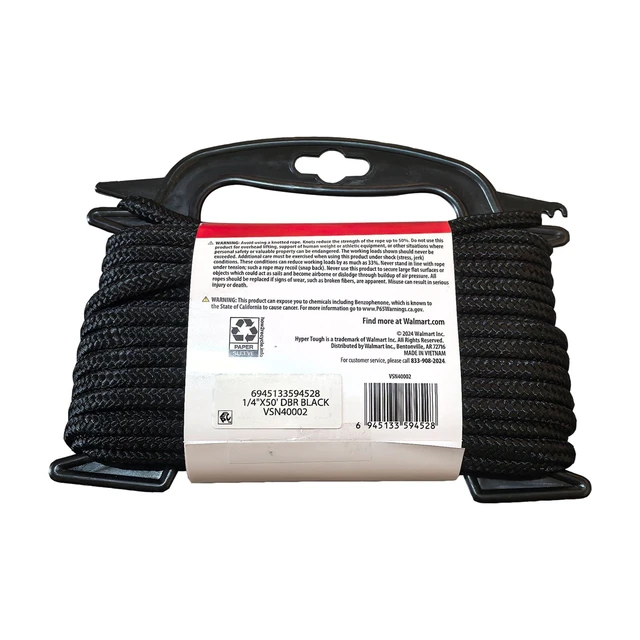 Alt view image 5 of 6 - Hyper Tough Polypropylene Diamond-Braid Rope, Black, 1/4 in x 50 ft, 1 Each