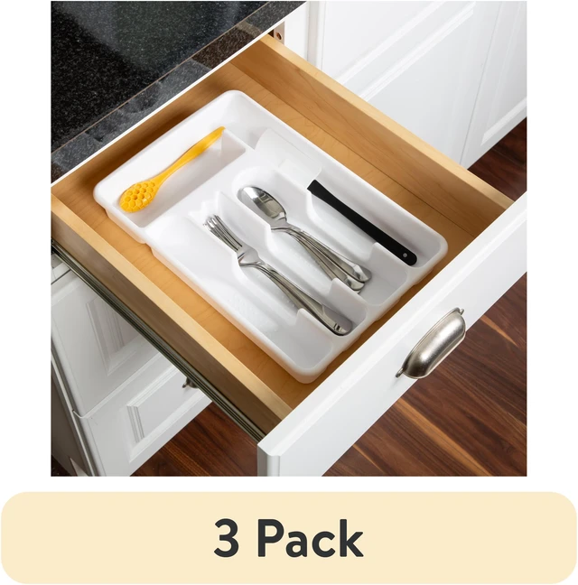 Main image of (3 pack) Mainstays Plastic 5-Compartment Kitchen Drawer Organizer for Cutlery and Flatware, White, 9 in x 13.5 in