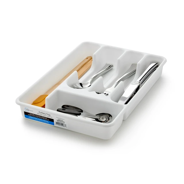 Alt view image 4 of 5 - (3 pack) Mainstays Plastic 5-Compartment Kitchen Drawer Organizer for Cutlery and Flatware, White, 9 in x 13.5 in